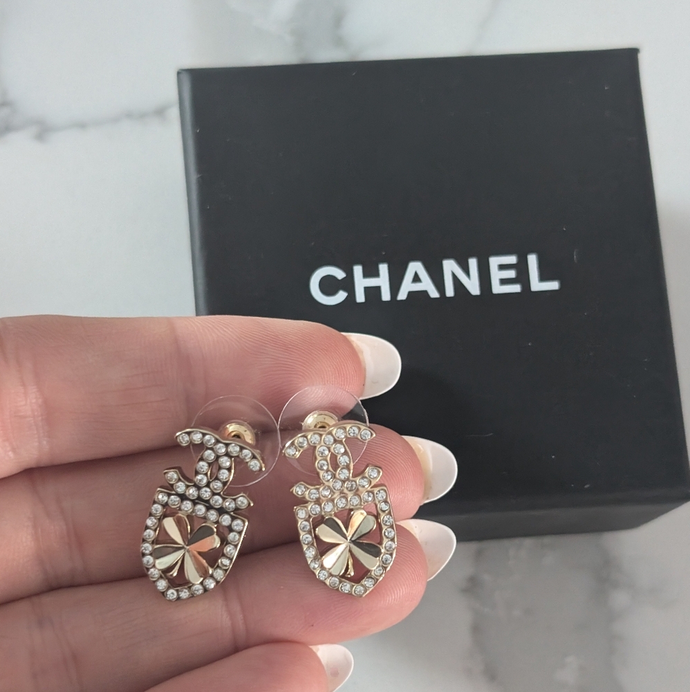 Authentic CHANEL clover shield, light gold and Crystal CC Earrings